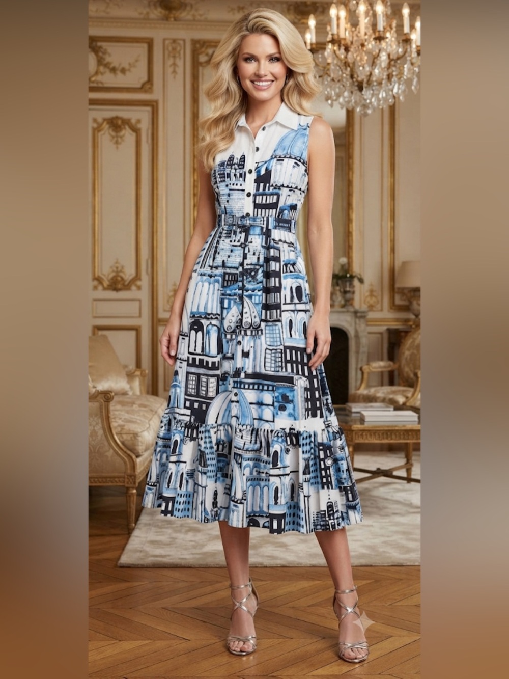 NewElie Tahari Sleeveless White Maxi Dress with Blue Black Cityscape Print size8 - Picture 4 of 16